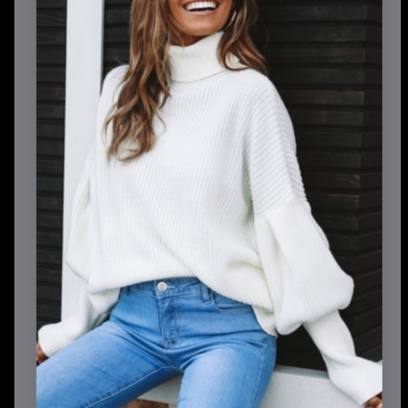 White Turtleneck Lantern Sleeve pullover sweater - Picture 2 of 7